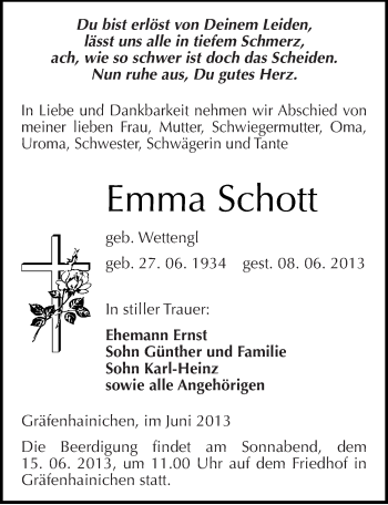 Traueranzeige von Emma Schott von Mitteldeutsche Zeitung Wittenberg