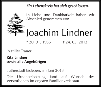 Traueranzeige von Joachim Lindner von Mitteldeutsche Zeitung Aschersleben