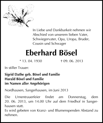 Traueranzeige von Eberhard Bösel von Mitteldeutsche Zeitung Sangerhausen