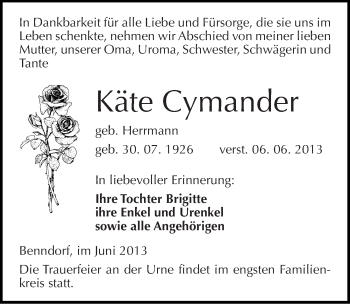 Traueranzeige von Käte Cymander von Mitteldeutsche Zeitung Aschersleben