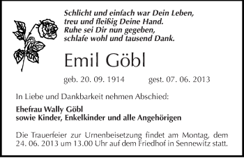 Traueranzeige von Emil Göbl von Mitteldeutsche Zeitung Halle/Saalkreis