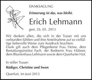 Traueranzeige von Erich Lehmann von Mitteldeutsche Zeitung Merseburg/Querfurt
