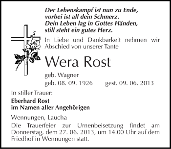 Traueranzeige von Wera Rost von Mitteldeutsche Zeitung Naumburg/Nebra