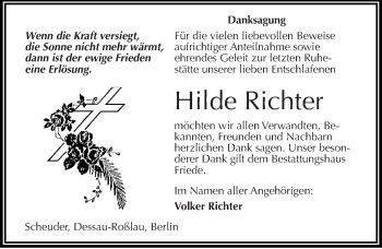 Traueranzeige von Hilde Richter von Mitteldeutsche Zeitung Köthen