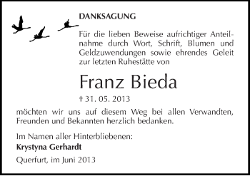Traueranzeige von Franz Bieda von Mitteldeutsche Zeitung Merseburg/Querfurt