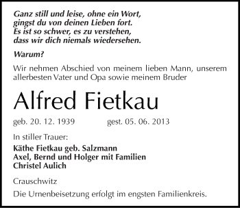 Traueranzeige von Alfred Fietkau von Mitteldeutsche Zeitung Naumburg/Nebra