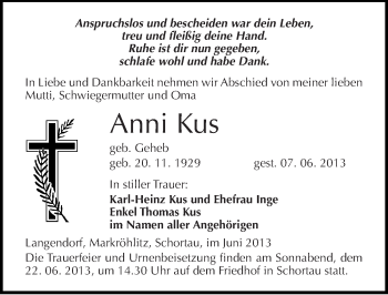 Traueranzeige von Anni Kus von Mitteldeutsche Zeitung Merseburg/Querfurt