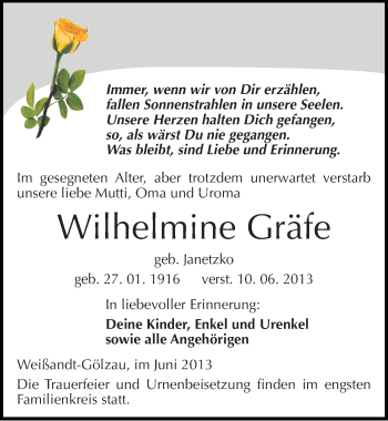 Traueranzeige von Wilhelmine Gräfe von Mitteldeutsche Zeitung Köthen