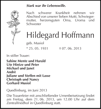 Traueranzeige von Hildegard Hoffmann von Mitteldeutsche Zeitung Quedlinburg