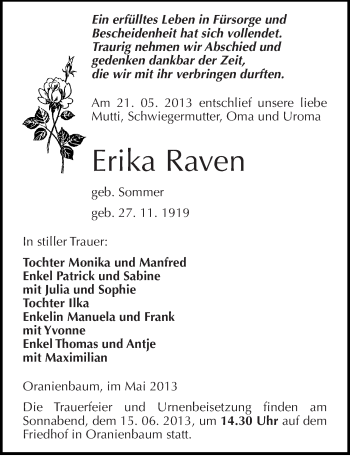 Traueranzeige von Erika Raven von Mitteldeutsche Zeitung Wittenberg