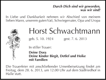 Traueranzeige von Horst Schwachtmann von Mitteldeutsche Zeitung Halle/Saalkreis