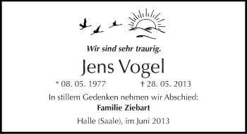 Traueranzeige von Jens Vogel von Mitteldeutsche Zeitung Halle/Saalkreis