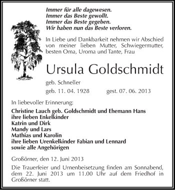 Traueranzeige von Ursula Goldschmidt von Mitteldeutsche Zeitung Aschersleben