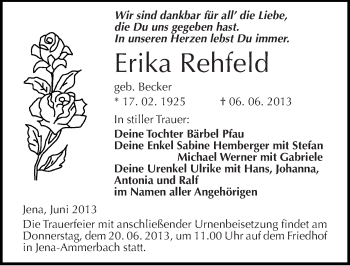 Traueranzeige von Erika Rehfeld von Mitteldeutsche Zeitung Bernburg