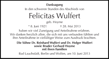 Traueranzeige von Felicitas Wulfert von Mitteldeutsche Zeitung Merseburg/Querfurt