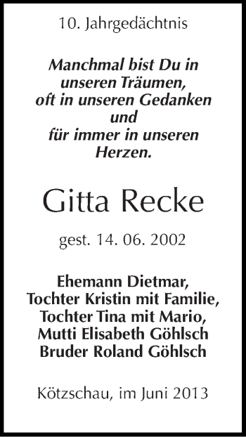 Traueranzeige von Gitta Recke von Mitteldeutsche Zeitung Merseburg/Querfurt