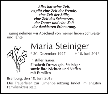 Traueranzeige von Maria Steiniger von Mitteldeutsche Zeitung Quedlinburg