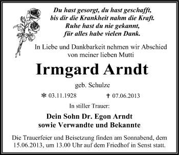 Traueranzeige von Irmgard Arndt von Mitteldeutsche Zeitung Wittenberg