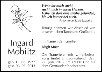 Traueranzeige von Ingard Mobiltz von Mitteldeutsche Zeitung Halle/Saalkreis