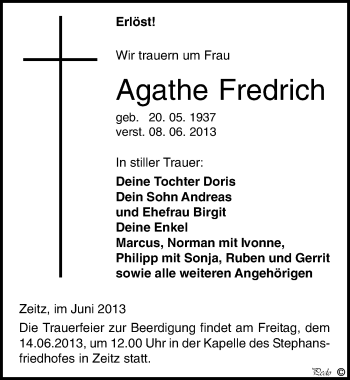 Traueranzeige von Agathe Fredrich von Mitteldeutsche Zeitung Zeitz