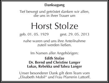 Traueranzeige von Horst Stolze von Mitteldeutsche Zeitung Halle/Saalkreis