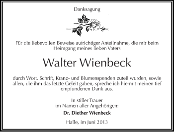 Traueranzeige von Walter Wienbeck von Mitteldeutsche Zeitung Halle/Saalkreis