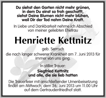 Traueranzeige von Henriette Kettnitz von Mitteldeutsche Zeitung Halle/Saalkreis