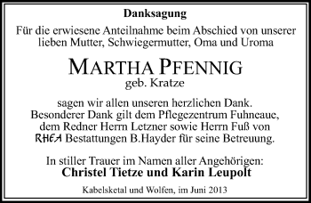 Traueranzeige von Martha Pfennig von Mitteldeutsche Zeitung Halle/Saalkreis