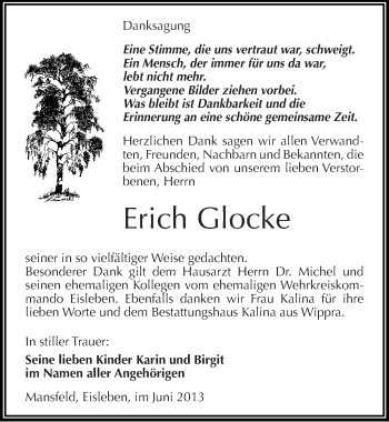 Traueranzeige von Erich Glocke von Mitteldeutsche Zeitung Aschersleben