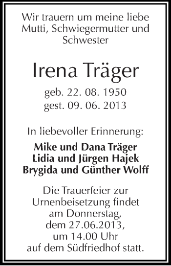 Traueranzeige von Irena Träger von Mitteldeutsche Zeitung Halle/Saalkreis