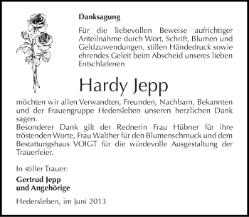 Traueranzeige von Hardy Jepp von Mitteldeutsche Zeitung Aschersleben