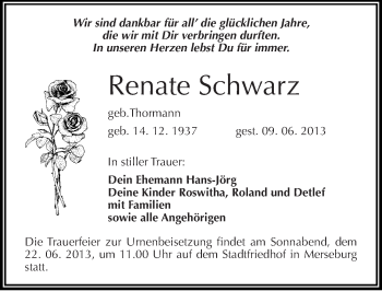 Traueranzeige von Renate Schwarz von Mitteldeutsche Zeitung Merseburg/Querfurt