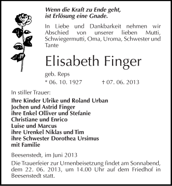 Traueranzeige von Elisabeth Finger von Mitteldeutsche Zeitung Halle/Saalkreis