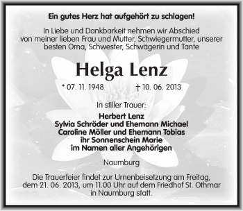 Traueranzeige von Helga Lenz von Mitteldeutsche Zeitung Naumburg/Nebra