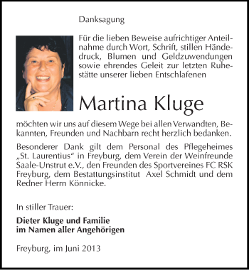 Traueranzeige von Martina Kluge von Mitteldeutsche Zeitung Naumburg/Nebra