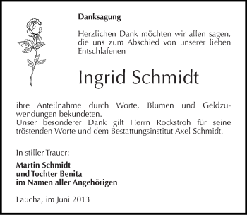 Traueranzeige von Ingrid Schmidt von Mitteldeutsche Zeitung Naumburg/Nebra
