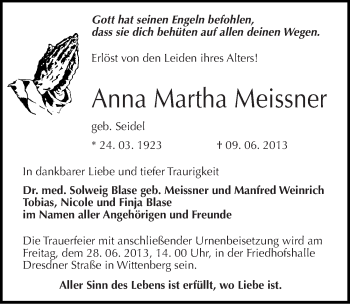 Traueranzeige von Anna Martha Meissner von Mitteldeutsche Zeitung Wittenberg