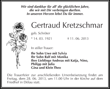 Traueranzeige von Gertraud Kretzschmar von Mitteldeutsche Zeitung Halle/Saalkreis