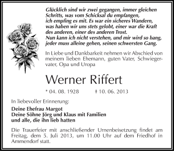 Traueranzeige von Werner Riffert von Mitteldeutsche Zeitung Halle/Saalkreis