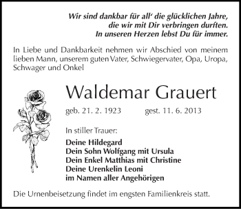 Traueranzeige von Waldemar Grauert von Mitteldeutsche Zeitung Halle/Saalkreis