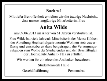Traueranzeige von Anita Wilde von Mitteldeutsche Zeitung Köthen