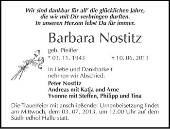 Traueranzeige von Barbara Nostitz von Mitteldeutsche Zeitung Halle/Saalkreis