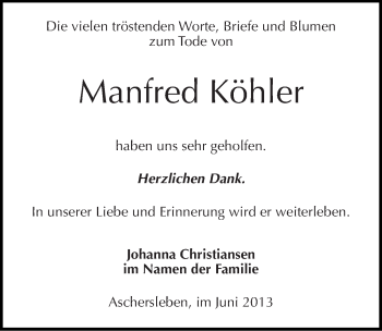 Traueranzeige von Manfred Köhler von Mitteldeutsche Zeitung Aschersleben