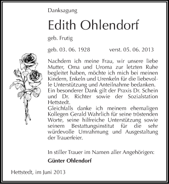 Traueranzeige von Edith Ohlendorf von Mitteldeutsche Zeitung Aschersleben