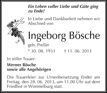 Traueranzeige von Ingeborg Bösche von Mitteldeutsche Zeitung Aschersleben