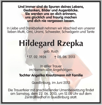 Traueranzeige von Hildegard Rzepka von Mitteldeutsche Zeitung Quedlinburg