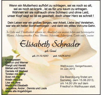 Traueranzeige von Elisabeth Schrader von Mitteldeutsche Zeitung Sangerhausen