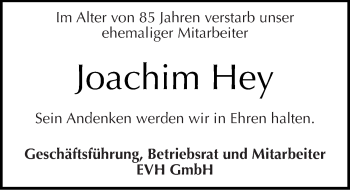 Traueranzeige von Joachim Hey von Mitteldeutsche Zeitung Halle/Saalkreis