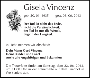 Traueranzeige von Gisela Vincenz von Mitteldeutsche Zeitung Halle/Saalkreis