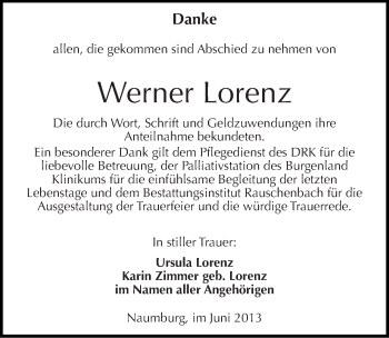 Traueranzeige von Werner Lorenz von Mitteldeutsche Zeitung Naumburg/Nebra